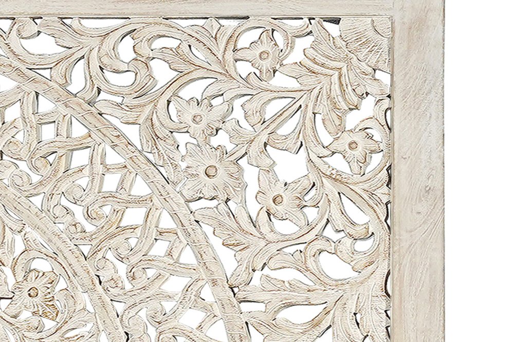 White Carved Floral Distressed Solid Wood King Bed Frame