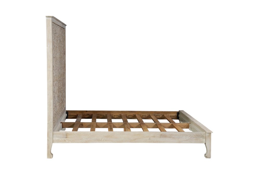 White Carved Floral Distressed Solid Wood King Bed Frame