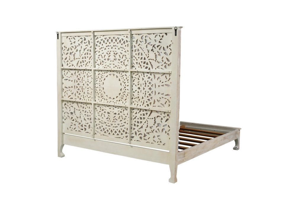 White Carved Floral Distressed Solid Wood King Bed Frame