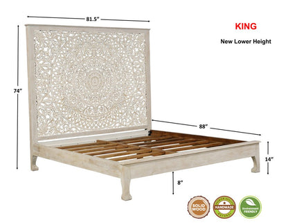 White Carved Floral Distressed Solid Wood King Bed Frame