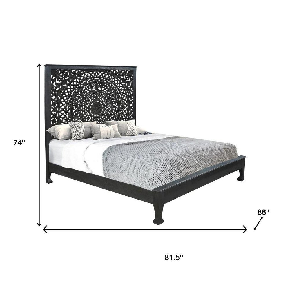Black Carved Floral Distressed Solid Wood King Bed Frame