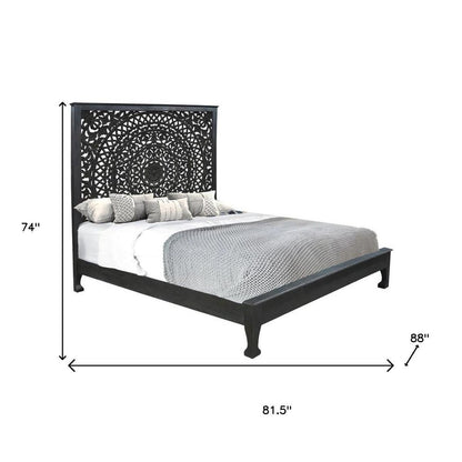 Black Carved Floral Distressed Solid Wood King Bed Frame