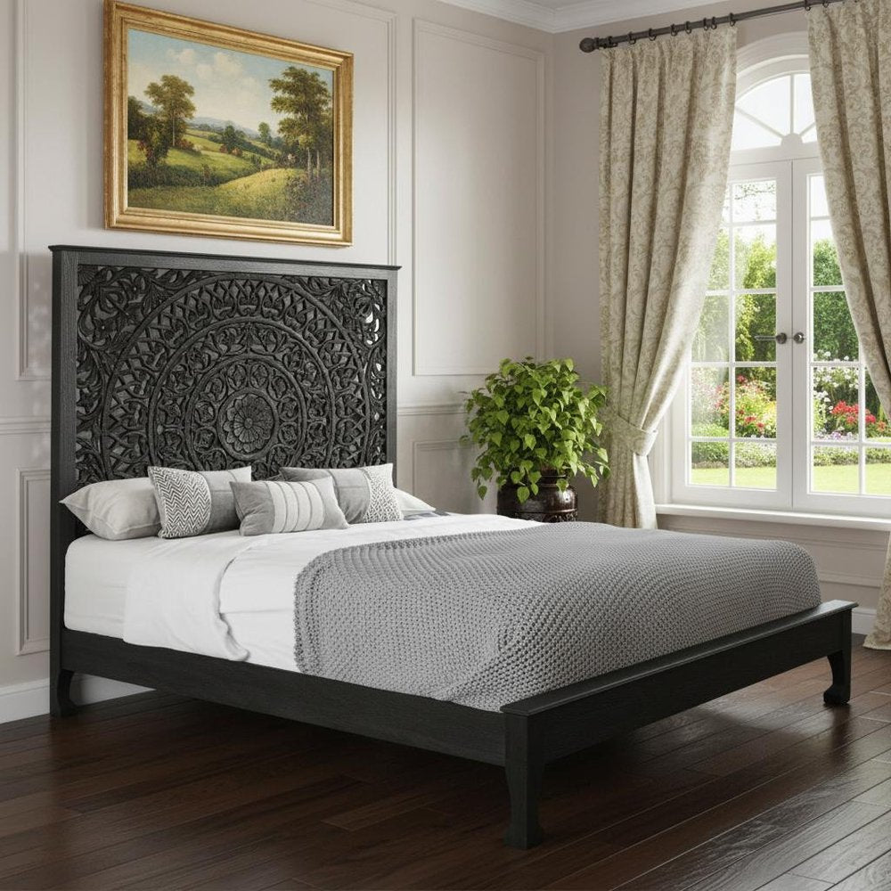 Black Carved Floral Distressed Solid Wood King Bed Frame