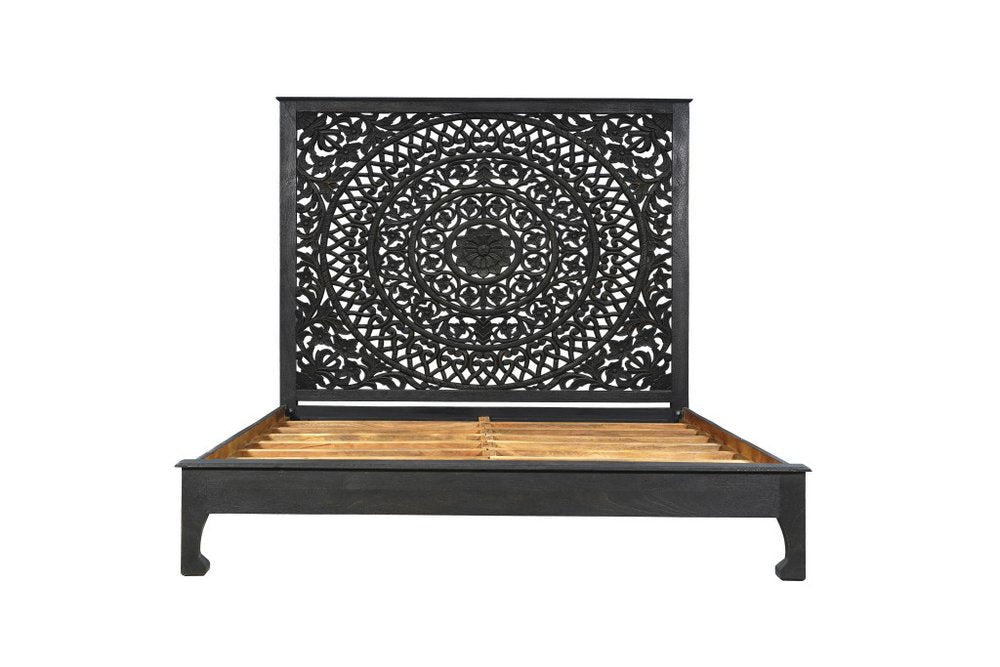 Black Carved Floral Distressed Solid Wood King Bed Frame