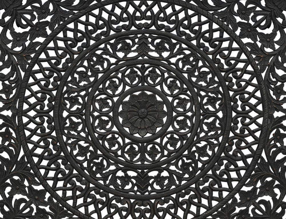 Black Carved Floral Distressed Solid Wood King Bed Frame