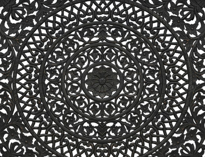 Black Carved Floral Distressed Solid Wood King Bed Frame