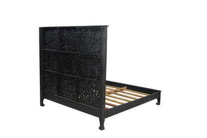 Black Carved Floral Distressed Solid Wood King Bed Frame