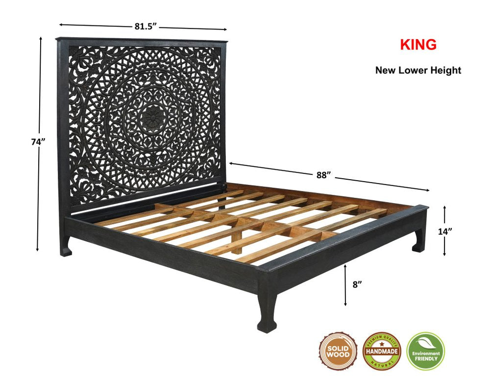 Black Carved Floral Distressed Solid Wood King Bed Frame