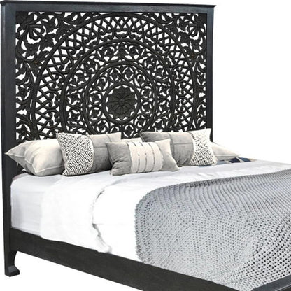 Black Carved Floral Distressed Solid Wood King Bed Frame