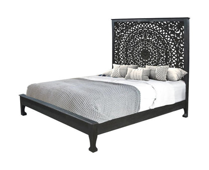 Black Carved Floral Distressed Solid Wood King Bed Frame