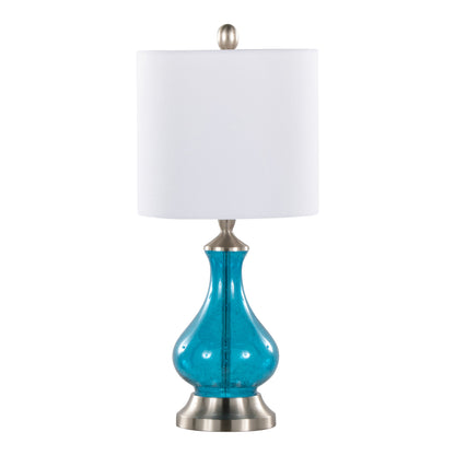 Jasmine 22' Contemporary Glass Accent Lamp in Clear Sapphire Blue Seeded Glass, Brushed Nickel and White Linen Shade from Grandview Gallery by LumiSource