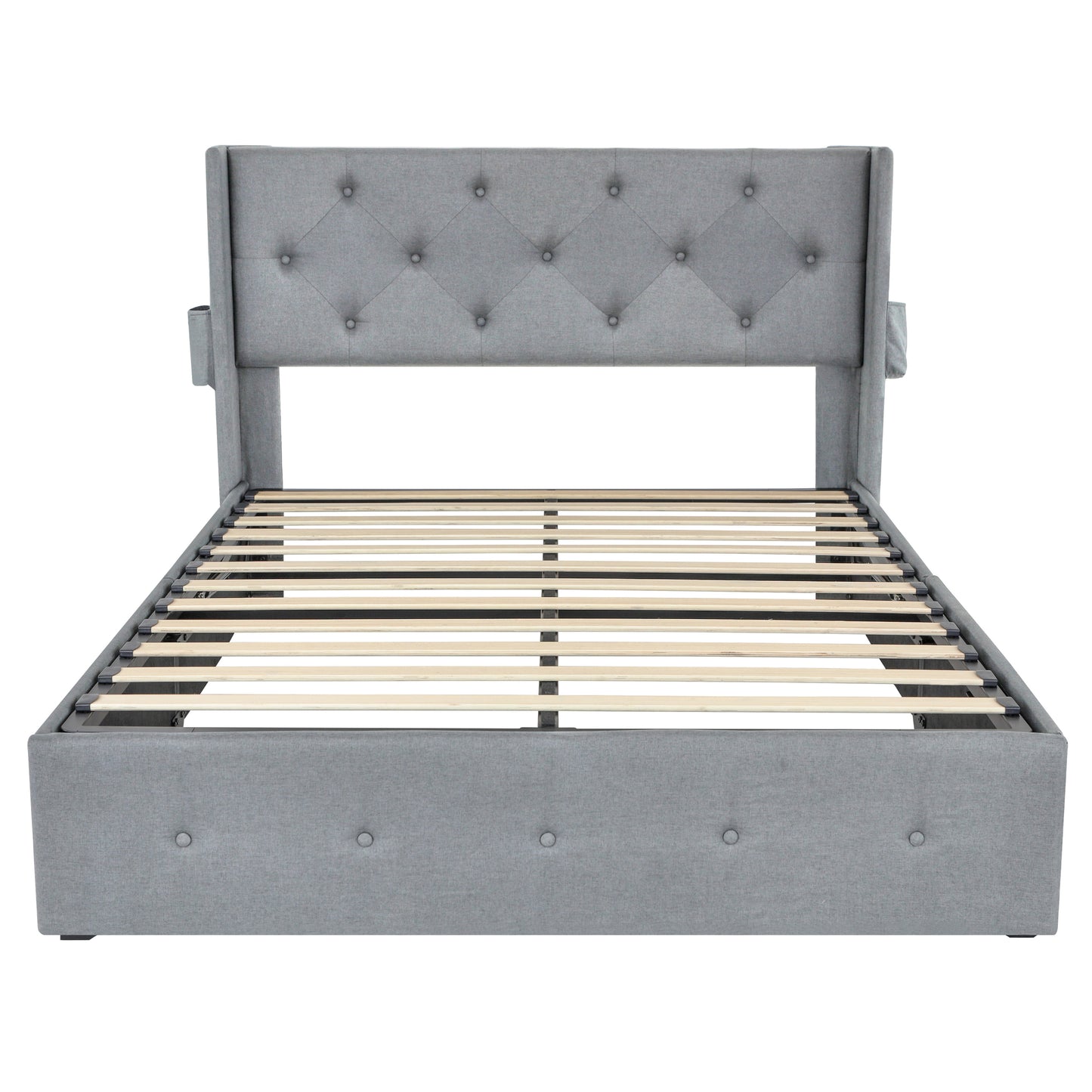 Modern Upholstered Full Size Bed Frame with Gas Lift Storage, Wingback Headboard, USB Ports, Light Gray