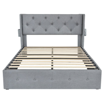 Modern Upholstered Full Size Bed Frame with Gas Lift Storage, Wingback Headboard, USB Ports, Light Gray