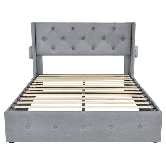 Modern Upholstered Full Size Bed Frame with Gas Lift Storage, Wingback Headboard, USB Ports, Light Gray