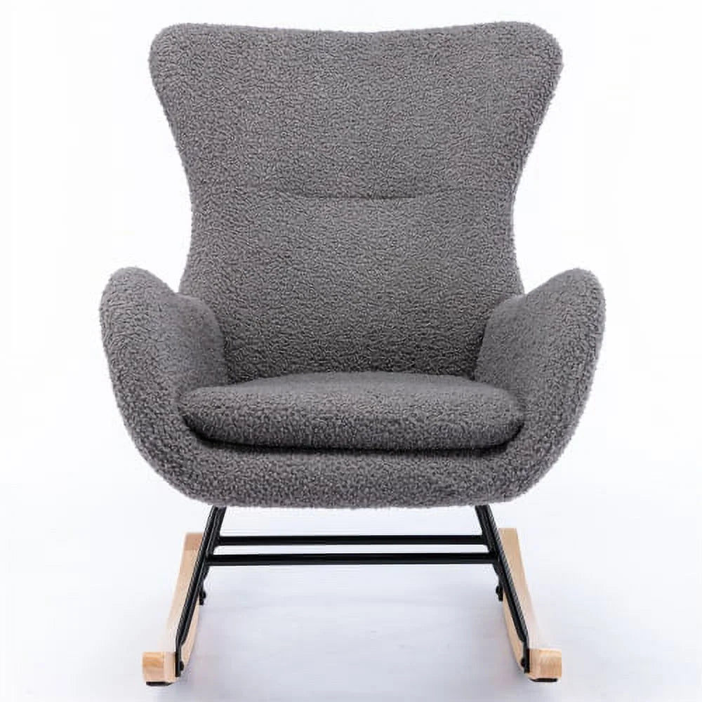 Teddy Rocking Chair, Comfy Armchair with High Backrest and Armrests, Modern Upholstered Accent Glider Rocker Armchair with Solid Wood Legs for Living Room, Bedroom,Gray