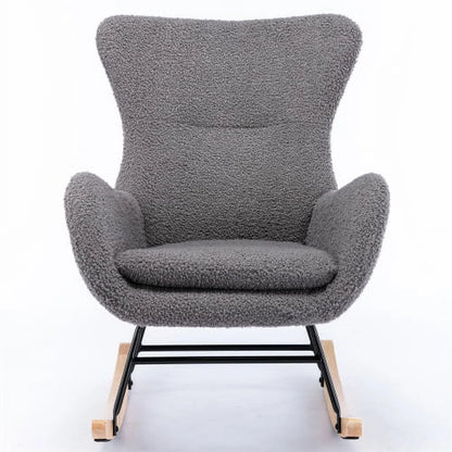 Teddy Rocking Chair, Comfy Armchair with High Backrest and Armrests, Modern Upholstered Accent Glider Rocker Armchair with Solid Wood Legs for Living Room, Bedroom,Gray