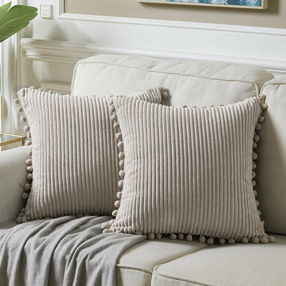 Fancy Homi Dark Gray Decorative Throw Pillow Covers 18X18 Inch with Pom Poms, Boho Farmhouse Home Decor, Soft Corduroy Accent Square Cushion Case for Living Room Couch Bed Sofa 45X45 Cm