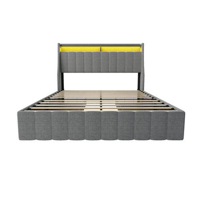 Modern Upholstered Full Size Bed Frame with LED, Under-bed Storage Drawers, Wings Headboard, Light Grey