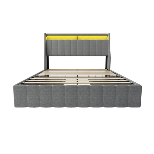 Modern Upholstered Full Size Bed Frame with LED, Under-bed Storage Drawers, Wings Headboard, Light Grey