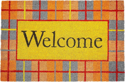 17" X 29" Gray Natural Orange And Yellow Fall Plaid Welcome Outdoor Coir Door Mat