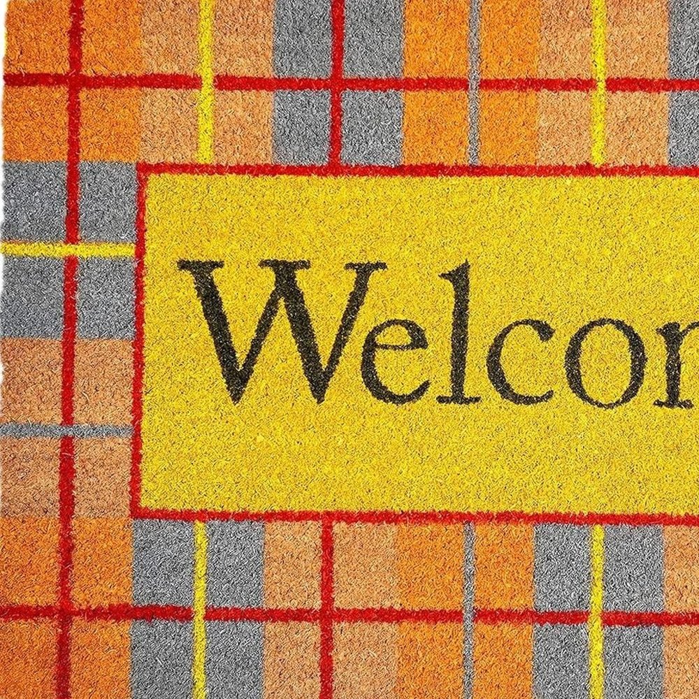 17" X 29" Gray Natural Orange And Yellow Fall Plaid Welcome Outdoor Coir Door Mat