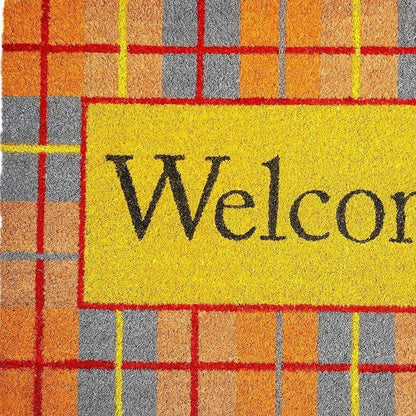 17" X 29" Gray Natural Orange And Yellow Fall Plaid Welcome Outdoor Coir Door Mat