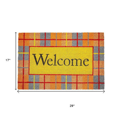 17" X 29" Gray Natural Orange And Yellow Fall Plaid Welcome Outdoor Coir Door Mat