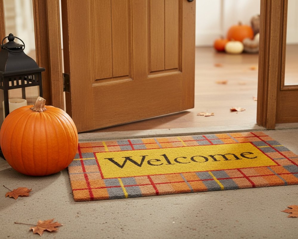 17" X 29" Gray Natural Orange And Yellow Fall Plaid Welcome Outdoor Coir Door Mat