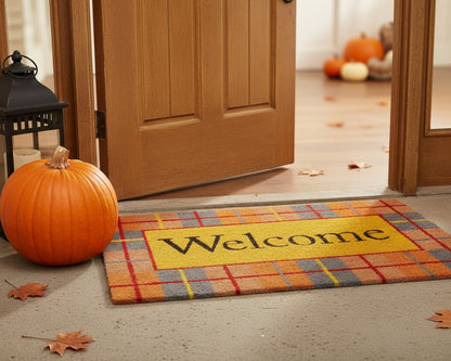 17" X 29" Gray Natural Orange And Yellow Fall Plaid Welcome Outdoor Coir Door Mat