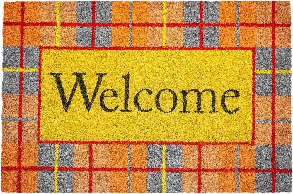 24" X 36" Gray Orange And Yellow Fall Plaid Welcome Outdoor Coir Door Mat