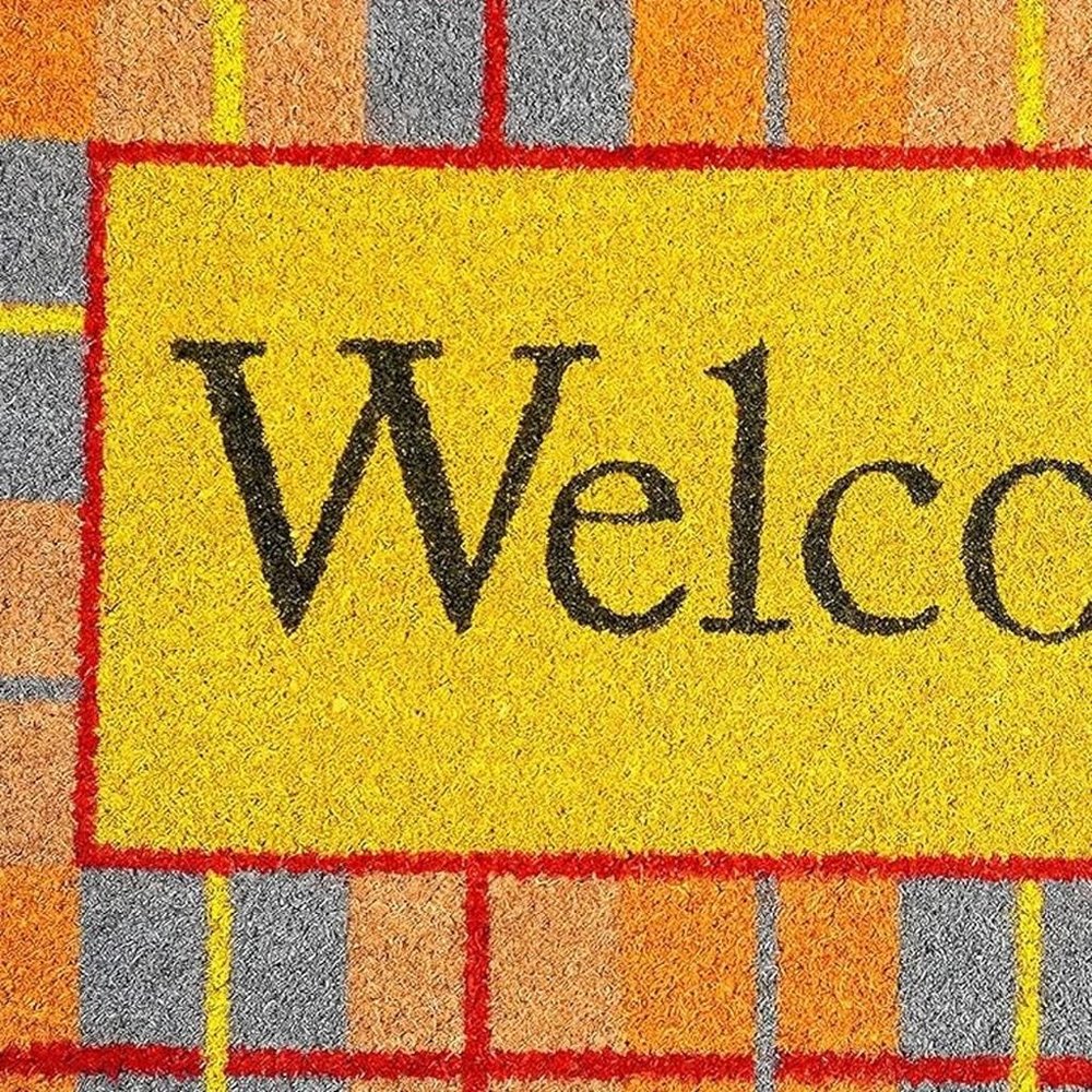 24" X 36" Gray Orange And Yellow Fall Plaid Welcome Outdoor Coir Door Mat