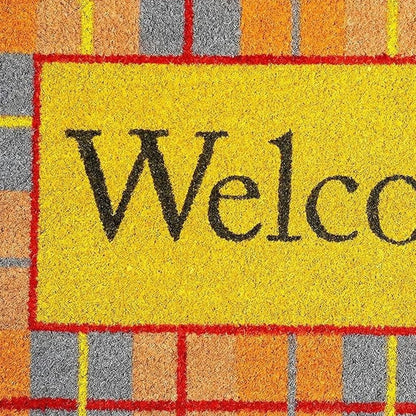 24" X 36" Gray Orange And Yellow Fall Plaid Welcome Outdoor Coir Door Mat