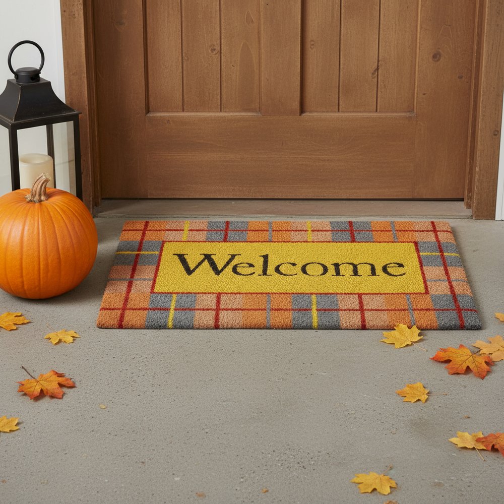 24" X 36" Gray Orange And Yellow Fall Plaid Welcome Outdoor Coir Door Mat