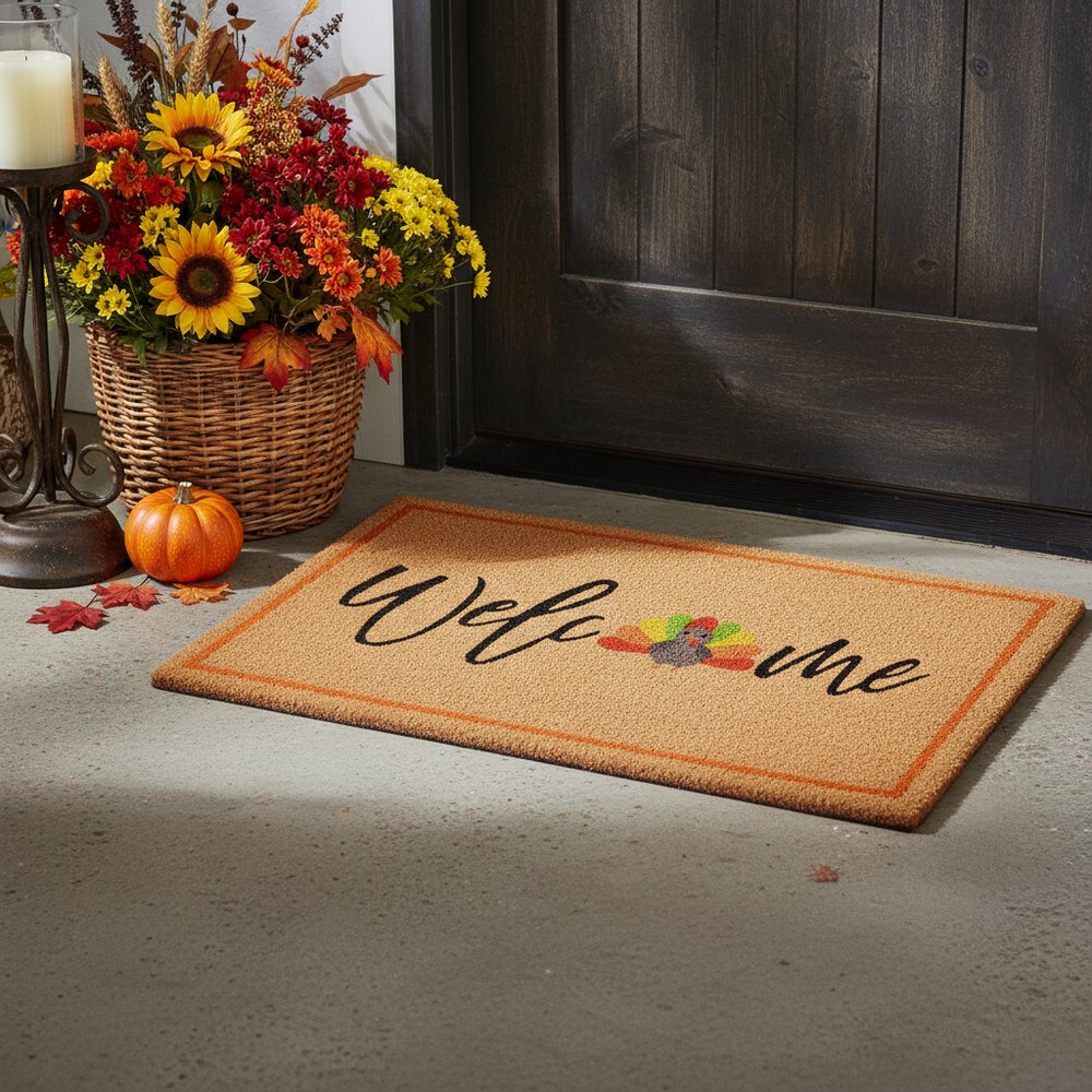 17" X 29" Natural And Brown Thanksgiving Welcome Outdoor Coir Door Mat