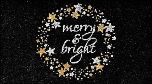 17" X 29" Black Gold And White Christmas Merry and Bright Outdoor Coir Door Mat