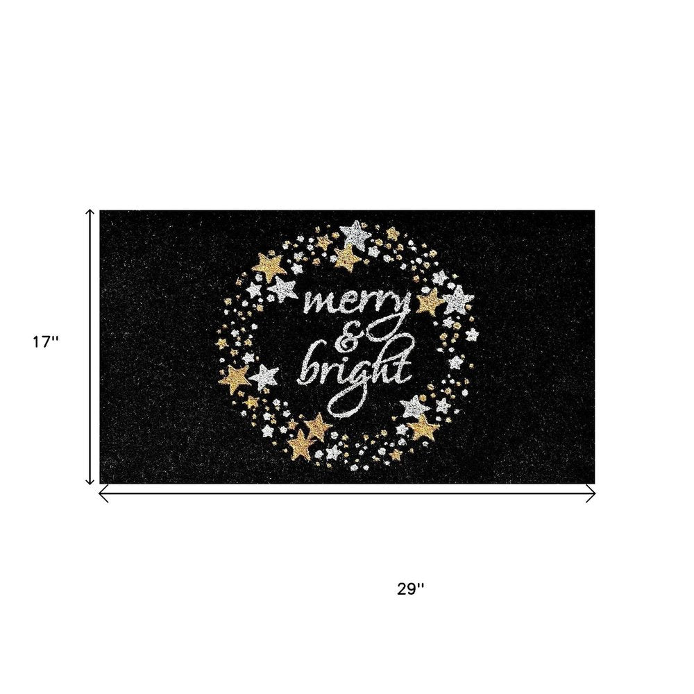 17" X 29" Black Gold And White Christmas Merry and Bright Outdoor Coir Door Mat