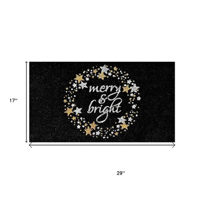 17" X 29" Black Gold And White Christmas Merry and Bright Outdoor Coir Door Mat