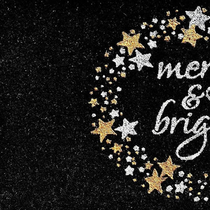 17" X 29" Black Gold And White Christmas Merry and Bright Outdoor Coir Door Mat