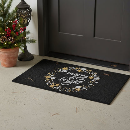 17" X 29" Black Gold And White Christmas Merry and Bright Outdoor Coir Door Mat