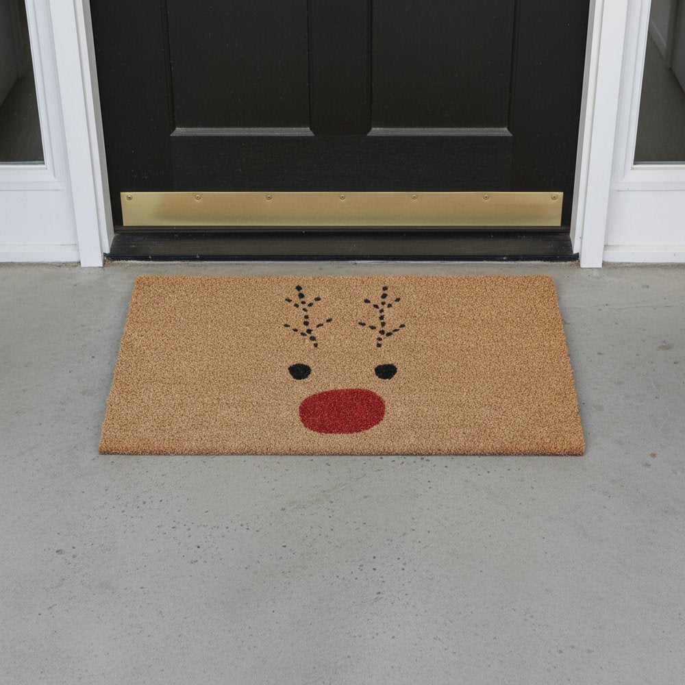 24" X 36" Brown Red And Black Christmas Reindeer Outdoor Coir Door Mat