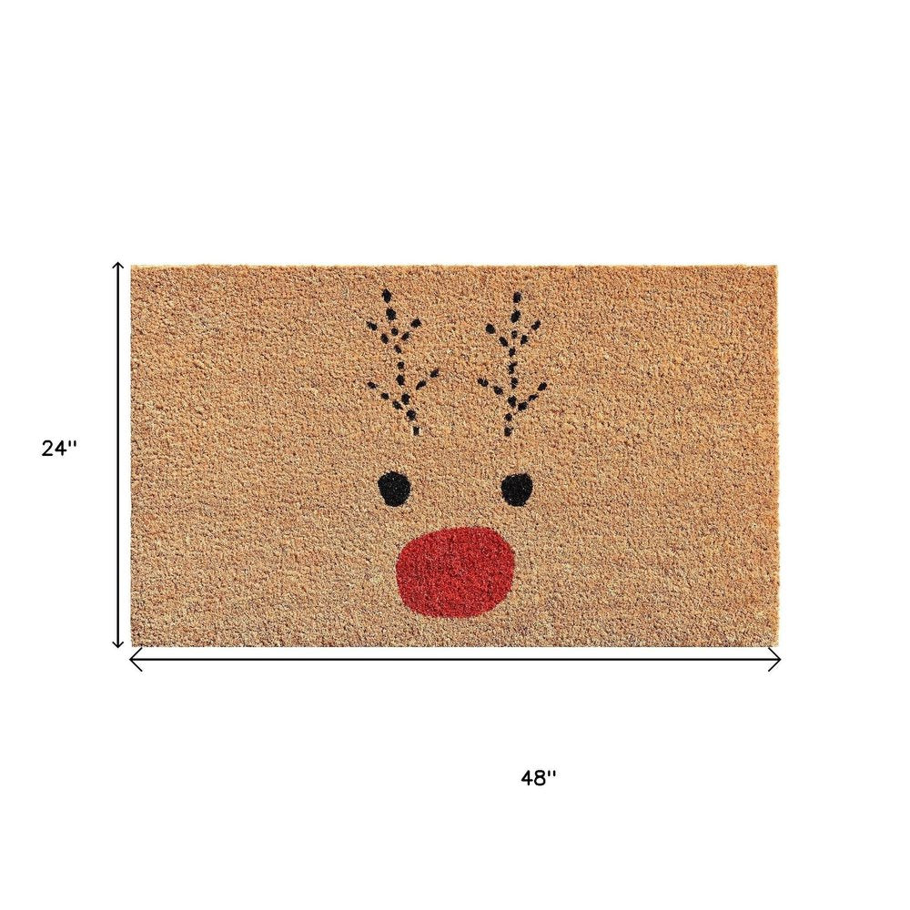 24" X 48" Brown Red And Black Christmas Reindeer Outdoor Coir Door Mat