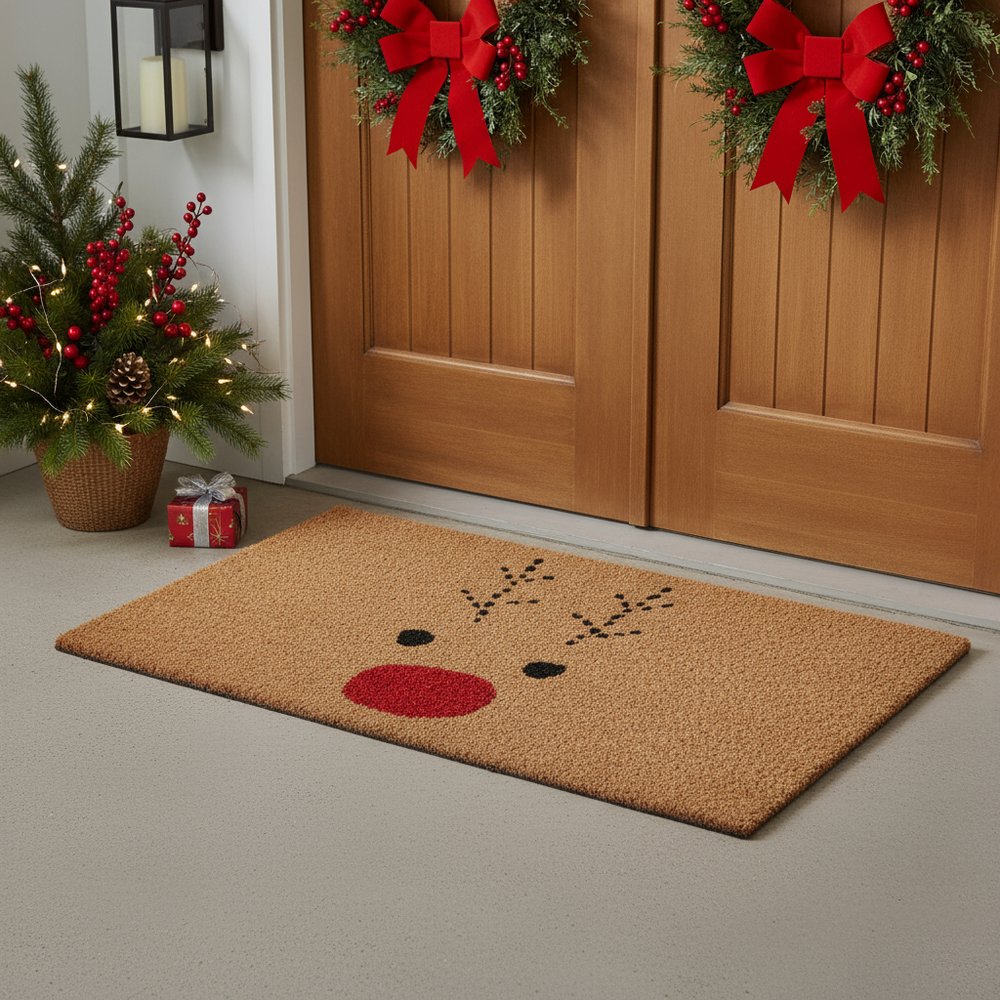 24" X 48" Brown Red And Black Christmas Reindeer Outdoor Coir Door Mat
