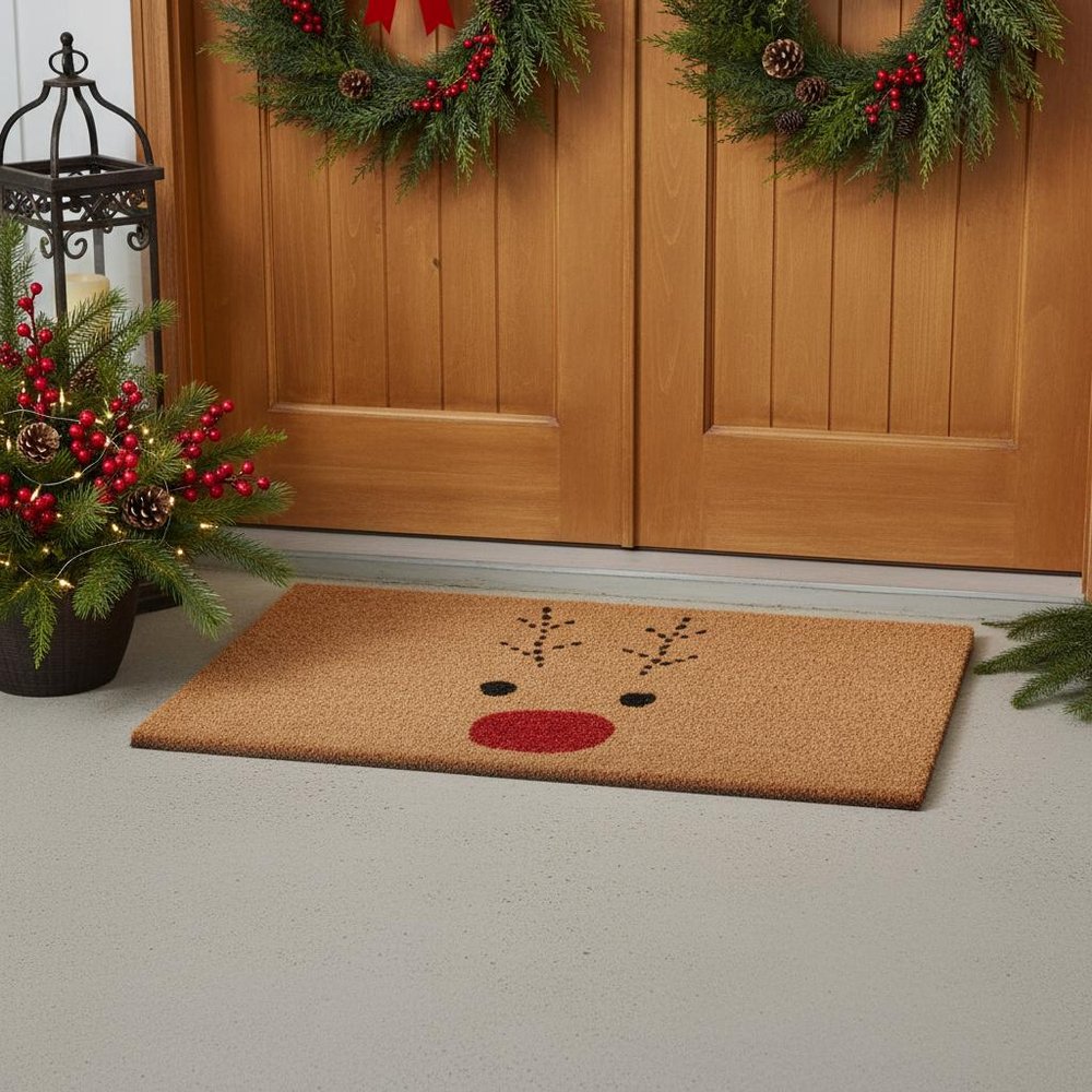 30" X 48" Brown Red And Black Christmas Reindeer Outdoor Coir Door Mat