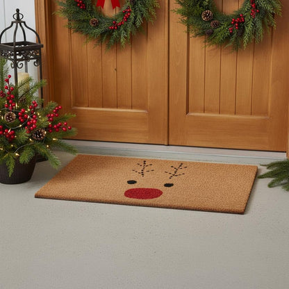 30" X 48" Brown Red And Black Christmas Reindeer Outdoor Coir Door Mat