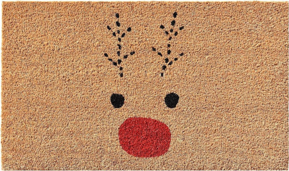 36" X 72" Brown Red And Black Christmas Reindeer Outdoor Coir Door Mat