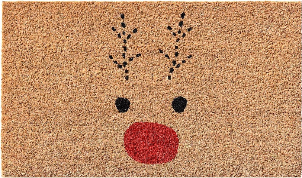 36" X 72" Brown Red And Black Christmas Reindeer Outdoor Coir Door Mat