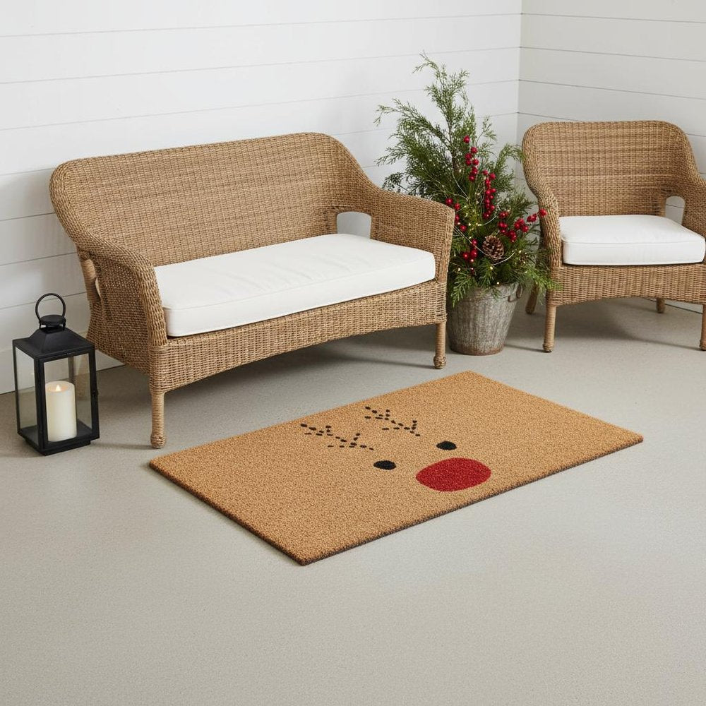 36" X 72" Brown Red And Black Christmas Reindeer Outdoor Coir Door Mat