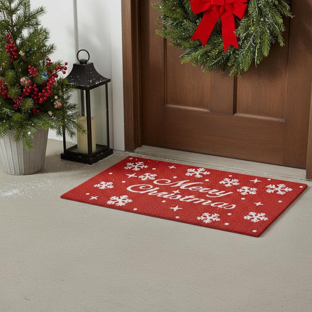 24" X 36" Red And White Christmas Snowflake Merry Christmas Outdoor Coir Door Mat