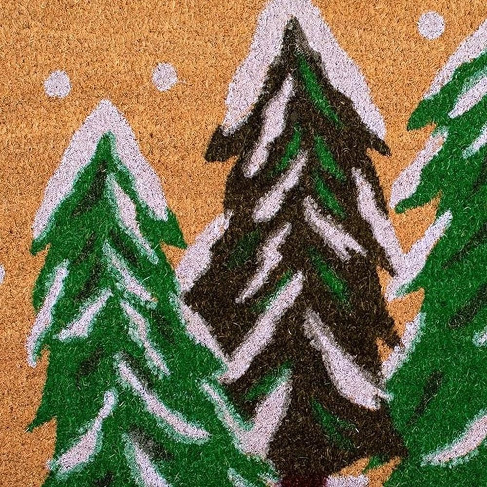 24" X 36" Brown Green And White Christmas Trees Outdoor Coir Door Mat