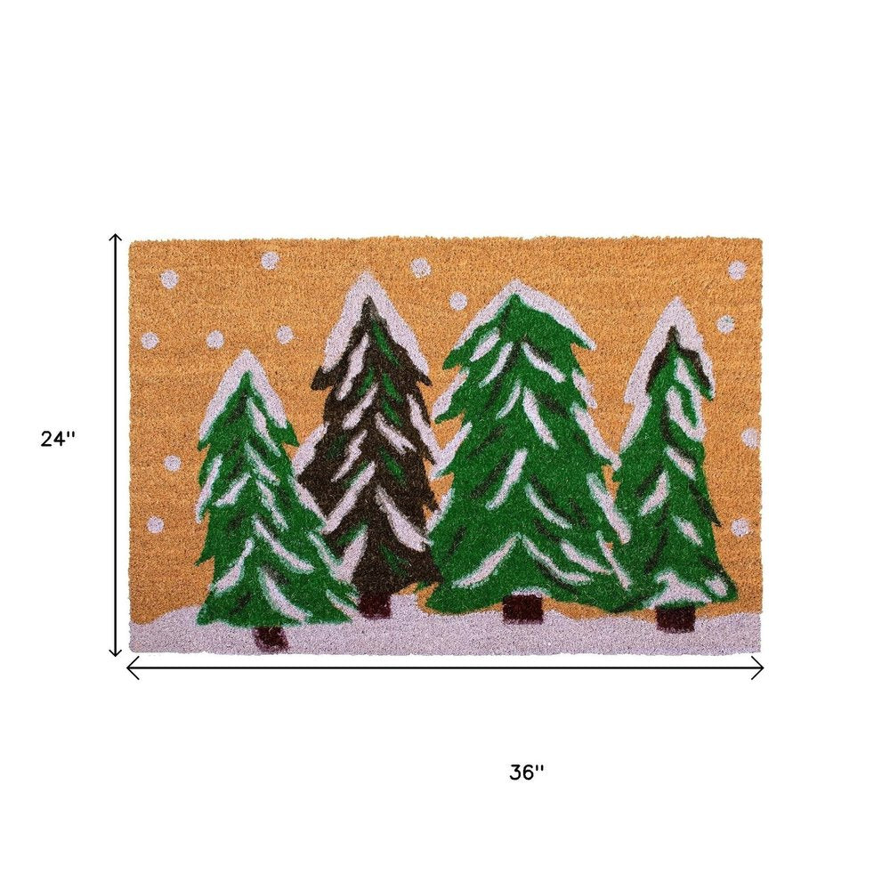 24" X 36" Brown Green And White Christmas Trees Outdoor Coir Door Mat
